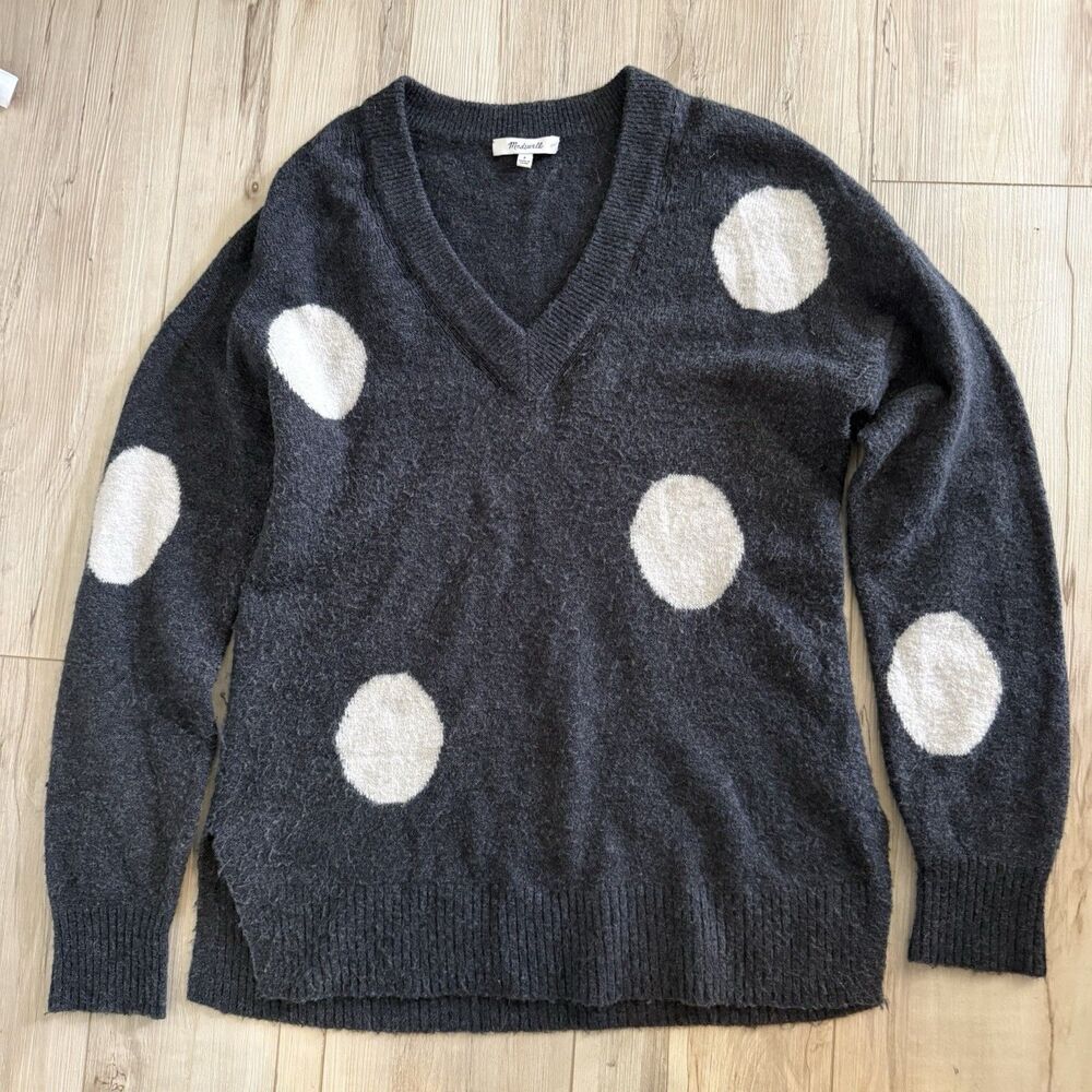 Madewell Sweater Woman's Small Dark Gray White Polka Dot Merino Wool Alpaca